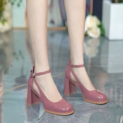 Women's Ankle Strap Block Heel Pumps