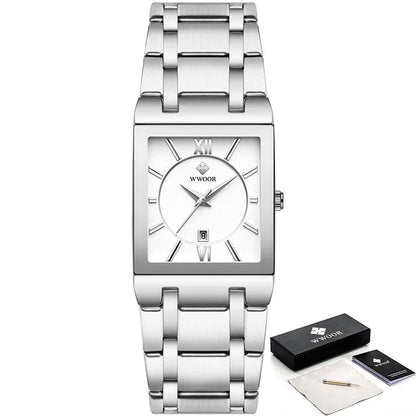 Silver wristwatch with WWOOR branding on a white background