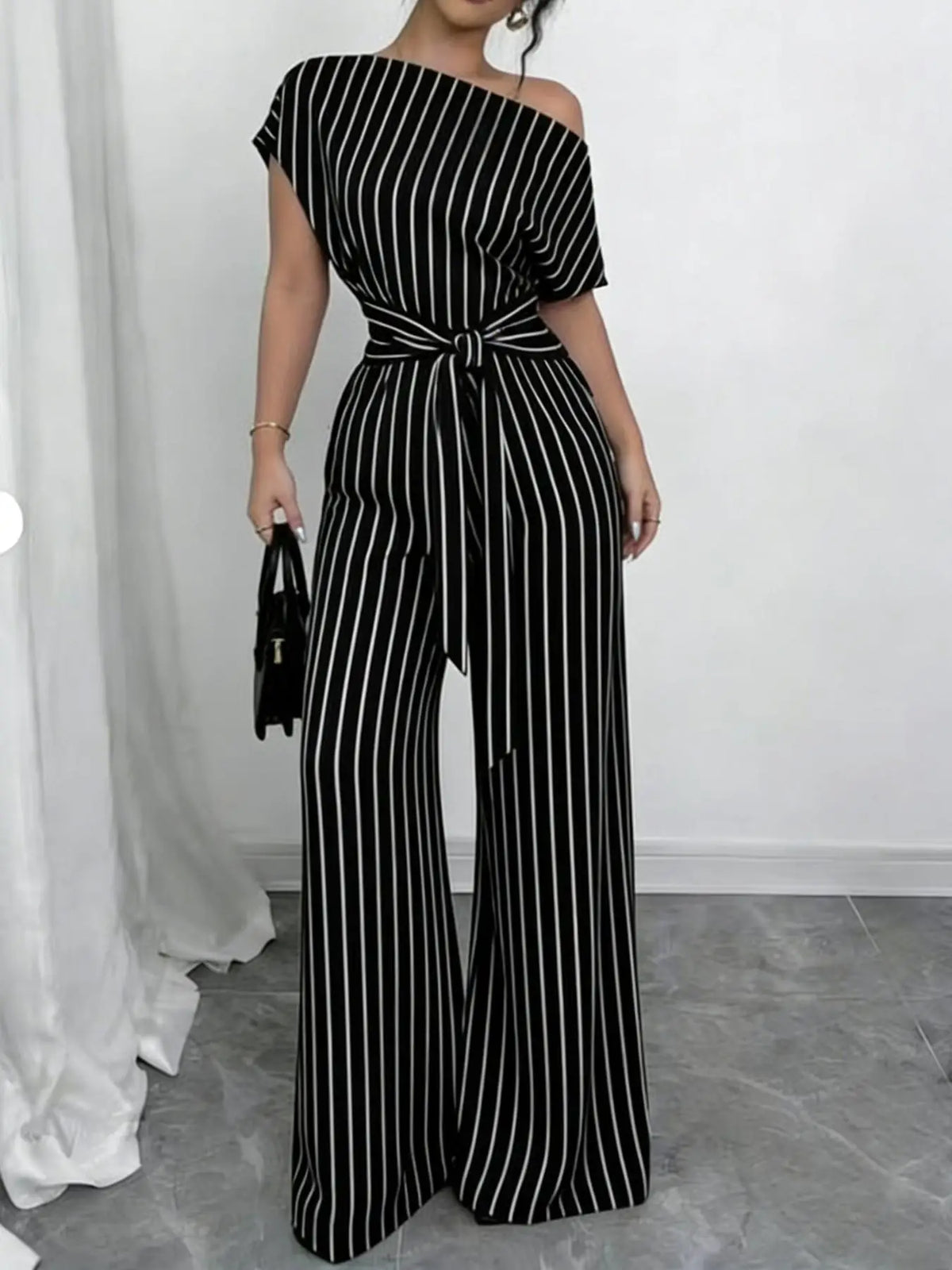 Slanted Shoulder Wide Leg Jumpsuit