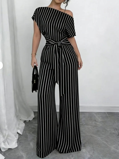 Slanted Shoulder Wide Leg Jumpsuit