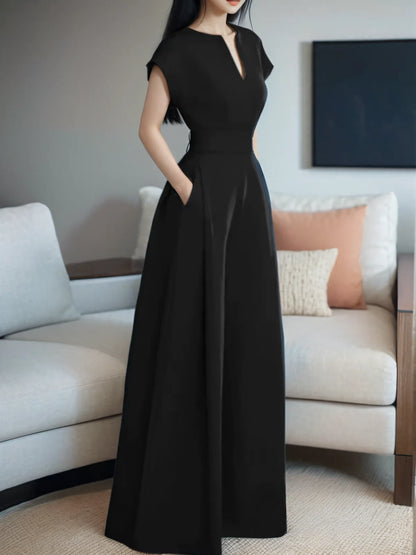 Women's V-Neck Short Sleeve High Waist Wide Leg Jumpsuit