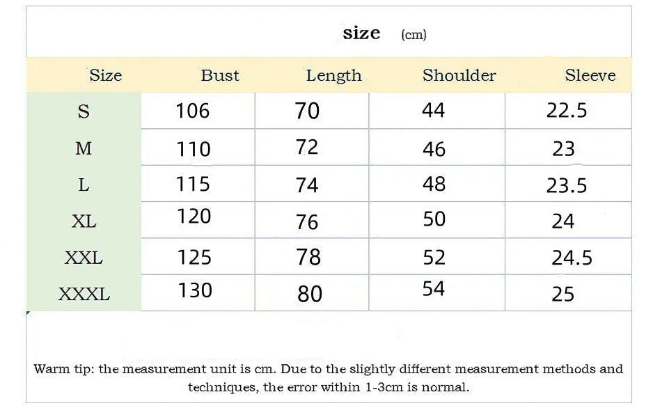 Measurement chart for clothing sizes in centimeters