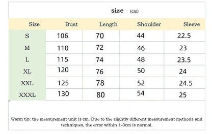 Measurement chart for clothing sizes in centimeters