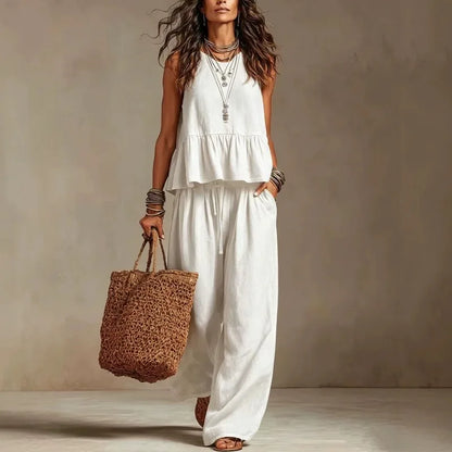 Women's Boho Linen Wide Leg Pant Set