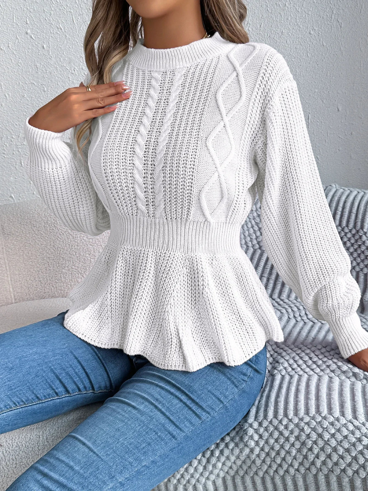 Chic Peplum Cable Knit Pullover Sweater