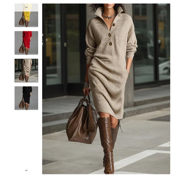 Classic Ribbed Knit Polo Midi Dress