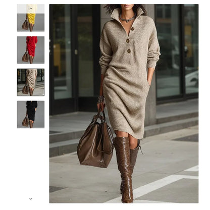 Classic Ribbed Knit Polo Midi Dress