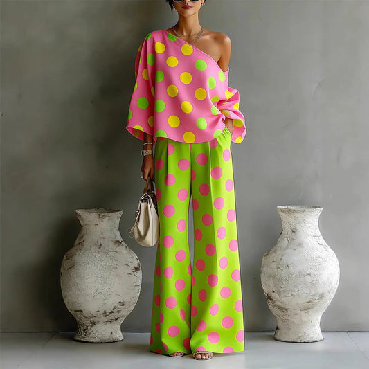 Polka Dot Off Shoulder Wide Leg Pant Set