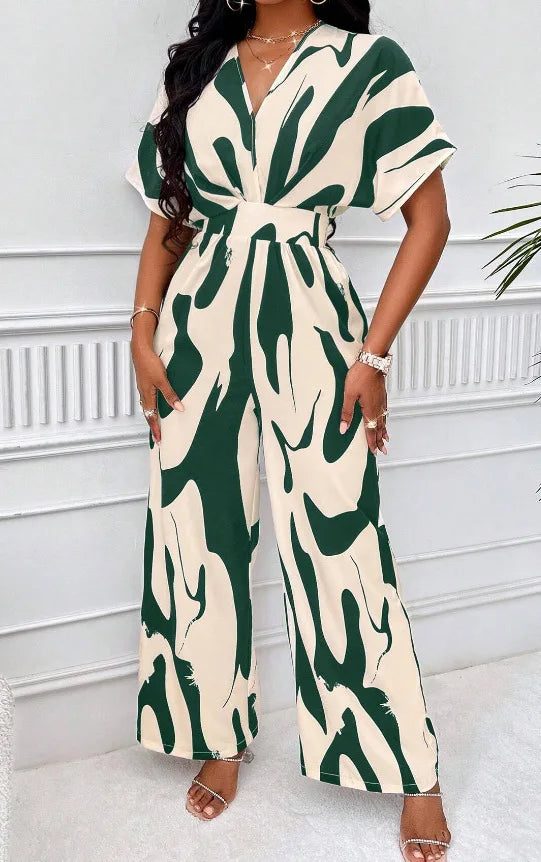 Elegant Printed Batwing Sleeve Jumpsuit