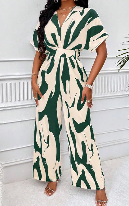 Elegant Printed Batwing Sleeve Jumpsuit