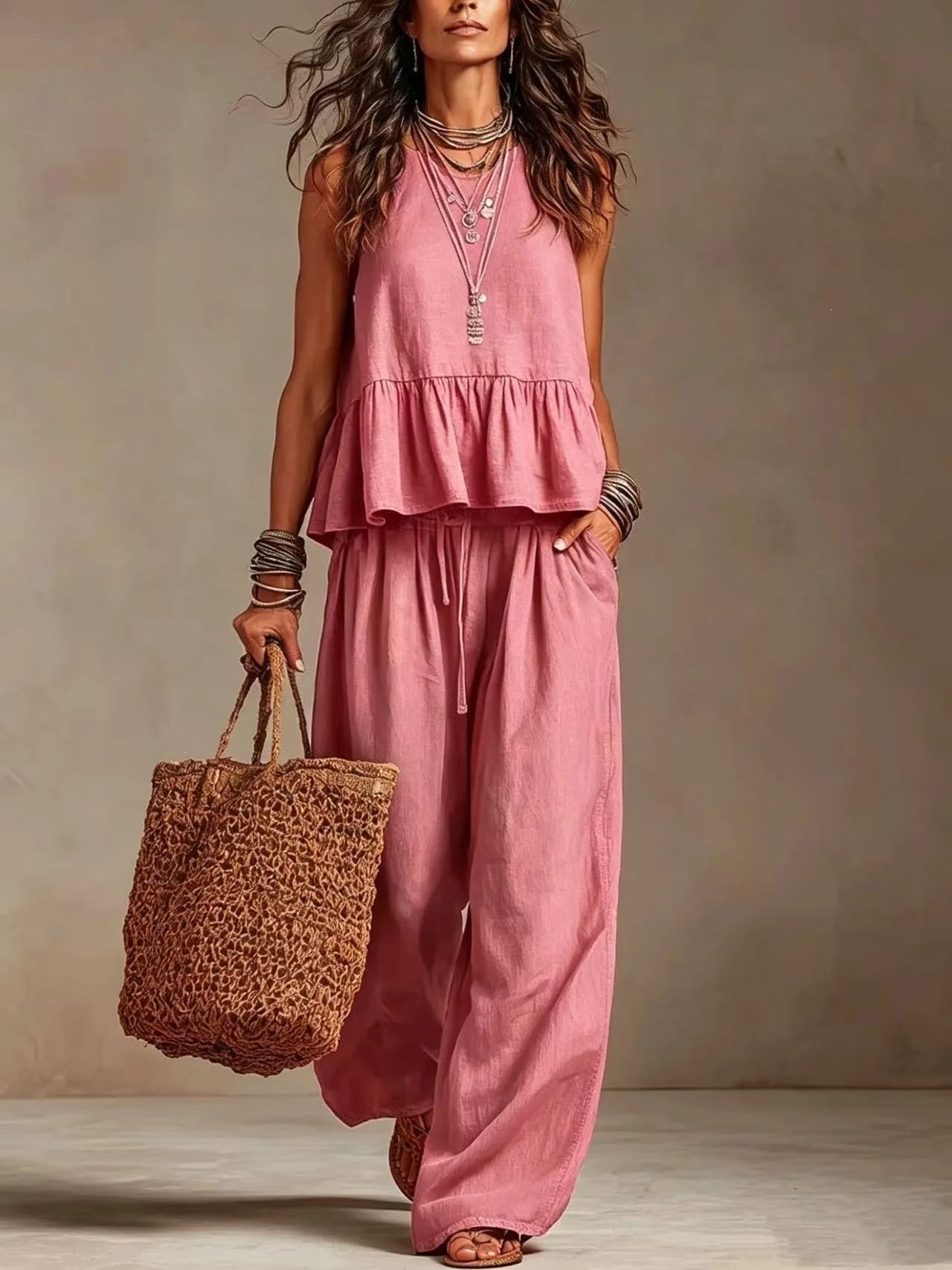 Women's Boho Linen Wide Leg Pant Set