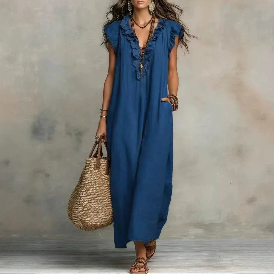 Amara Ruffle V-Neck Maxi Dress