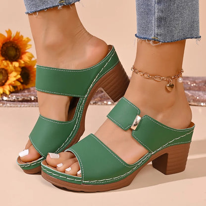 Quilted Strap Block Heel Slide Sandals
