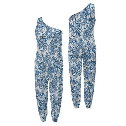 Blue paisley patterned one-shoulder jumpsuit on a white background.