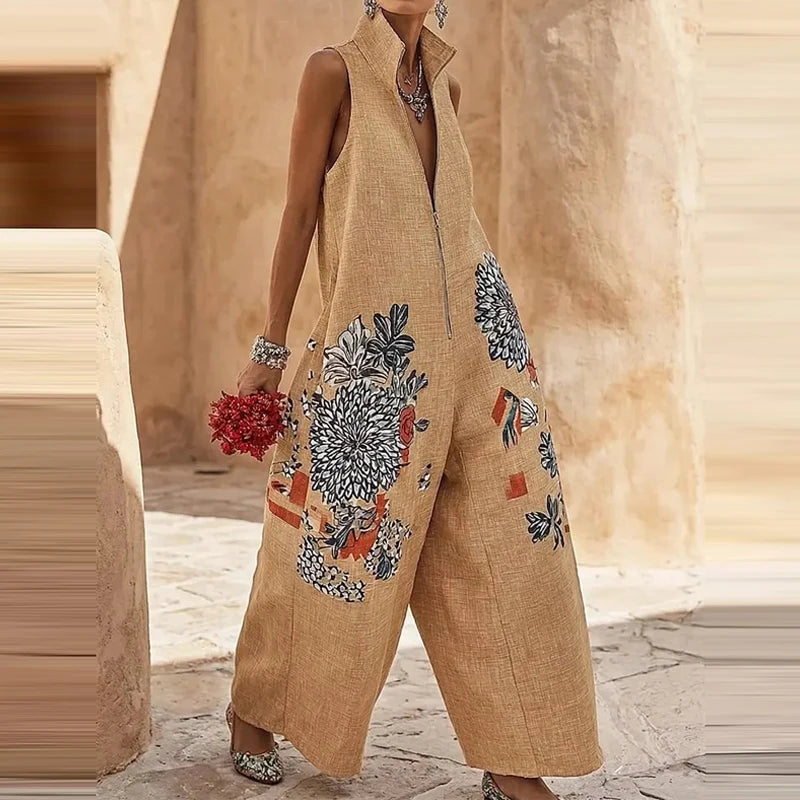 Retro Floral Stand Collar Zipper Wide-Leg Jumpsuit