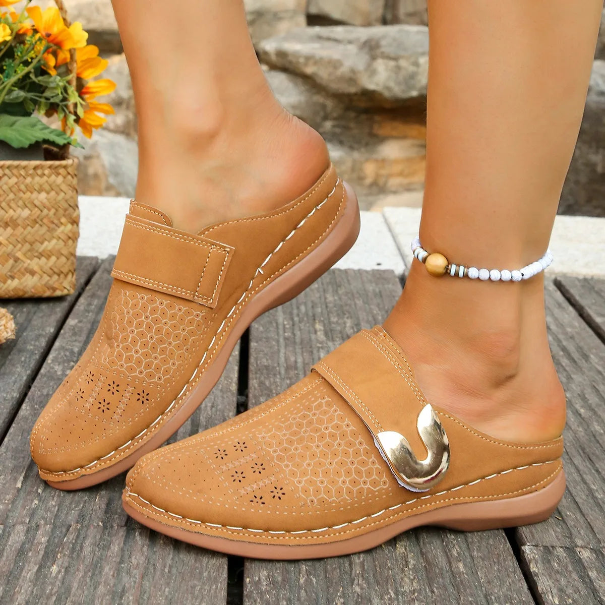 Quilted Buckle Wedge Mule Sandals