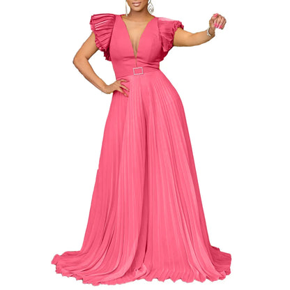 Pleated Flutter-Sleeve Wide Leg Jumpsuit