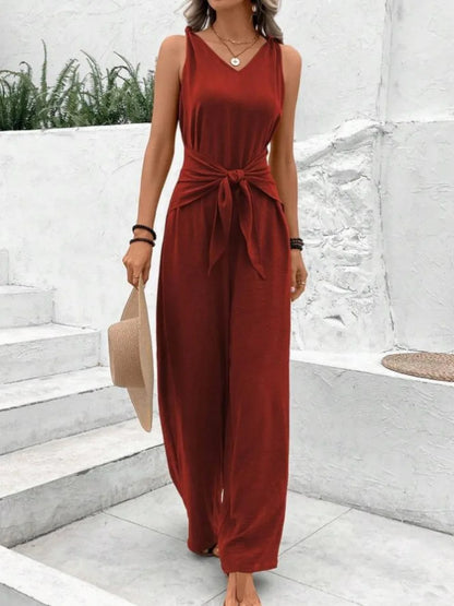 Twisted Strap Tie Waist Jumpsuit