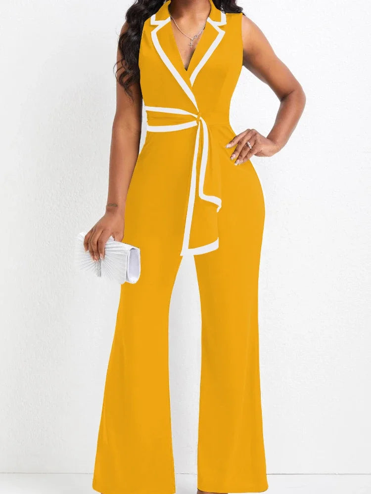 Yellow jumpsuit with white accents worn by a person on a white background