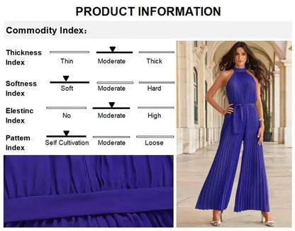 Blue pleated jumpsuit with product information chart on a white background