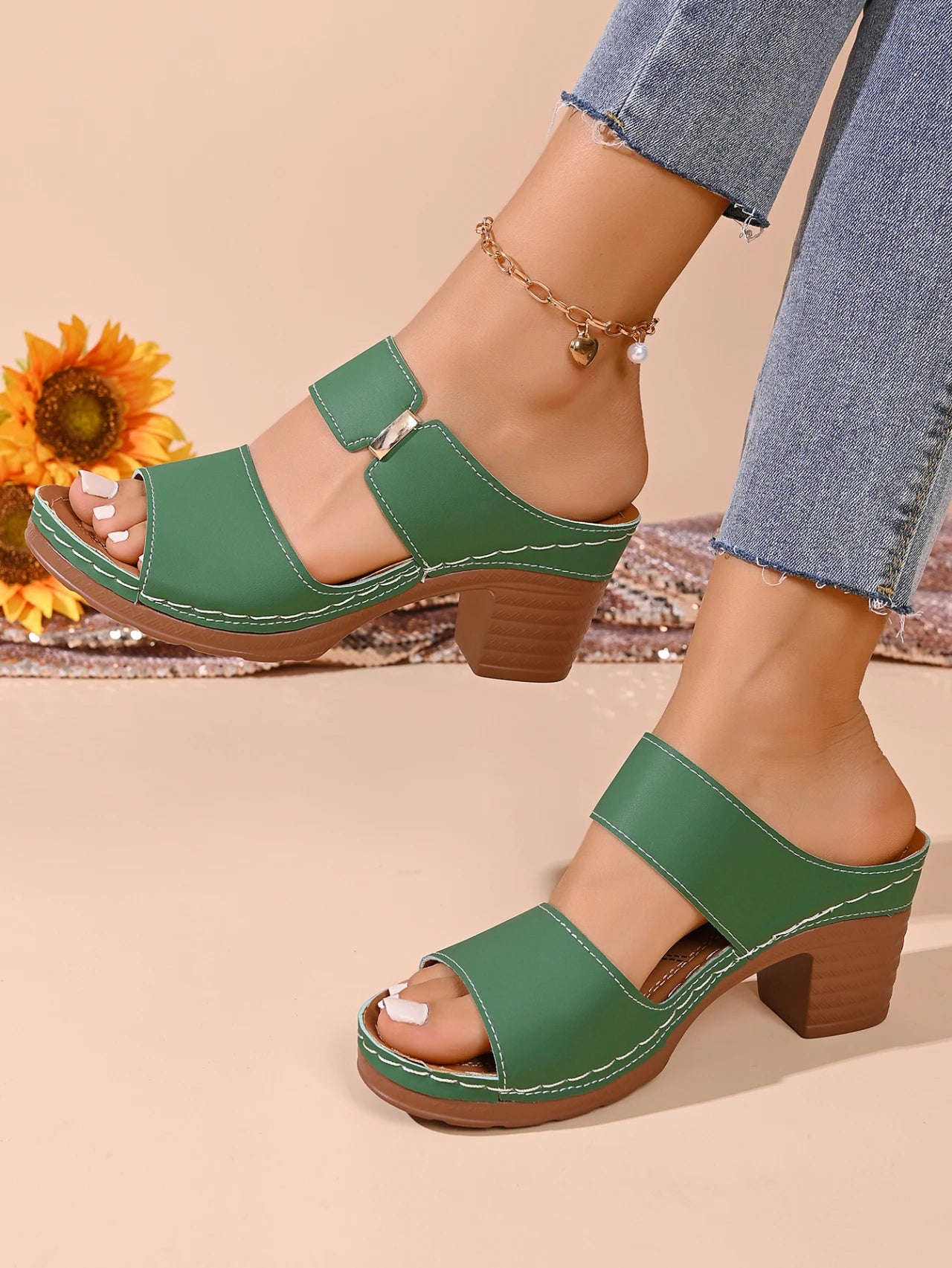 Quilted Strap Block Heel Slide Sandals
