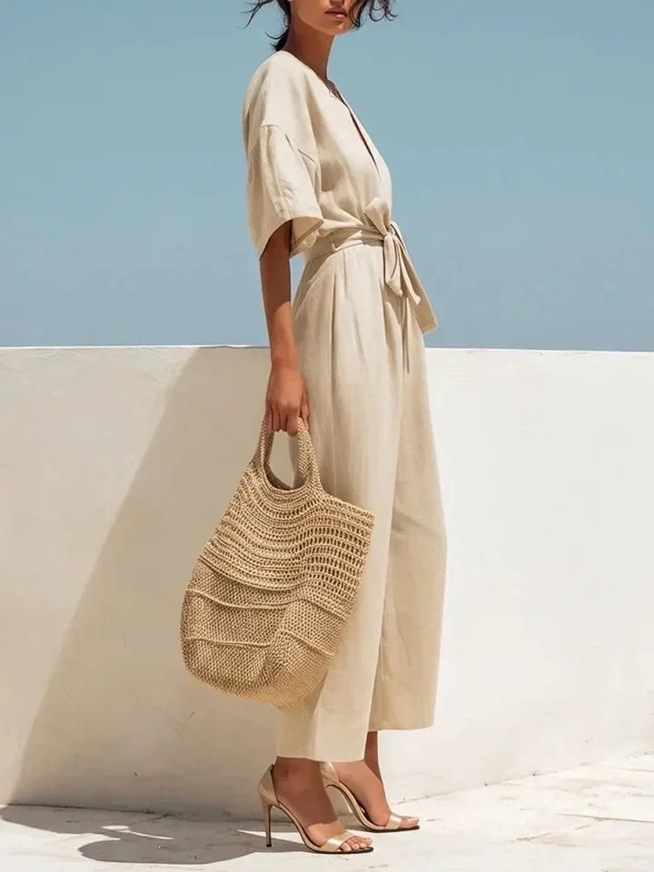 Boho Wide Leg Belted Jumpsuit with Pockets