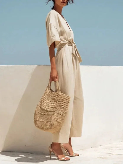 Boho Wide Leg Belted Jumpsuit with Pockets