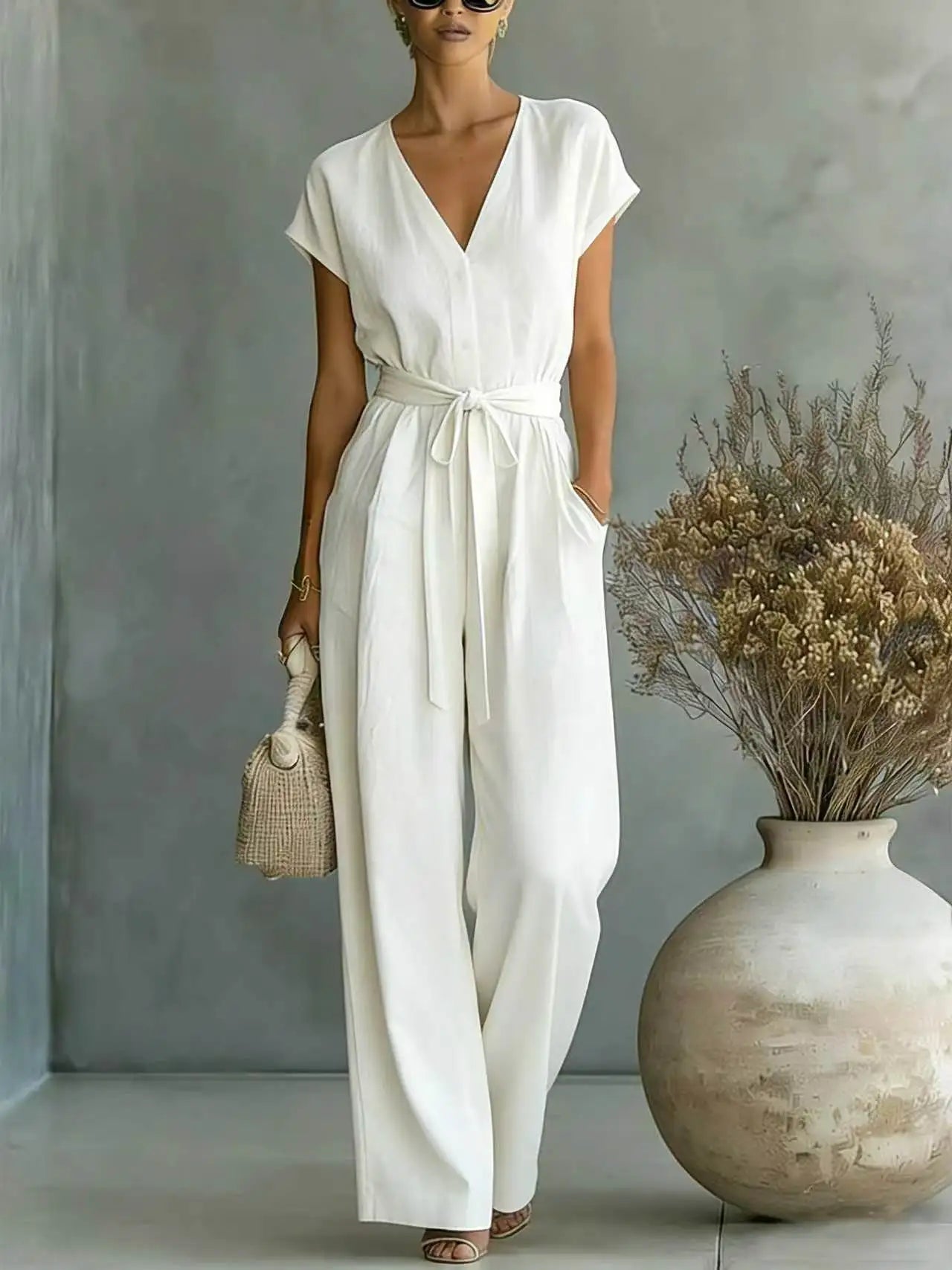Women's High-Waist Wide-Leg Linen Jumpsuit