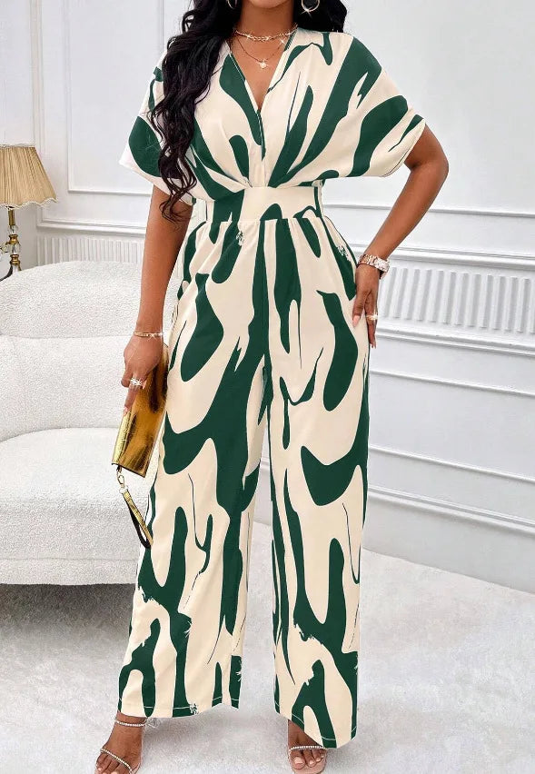 Elegant Printed Batwing Sleeve Jumpsuit
