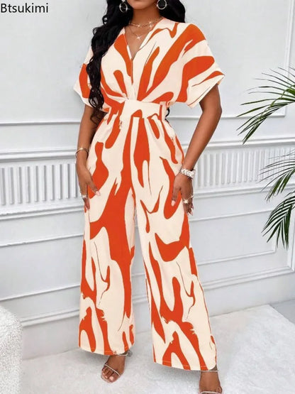 Elegant Printed Batwing Sleeve Jumpsuit