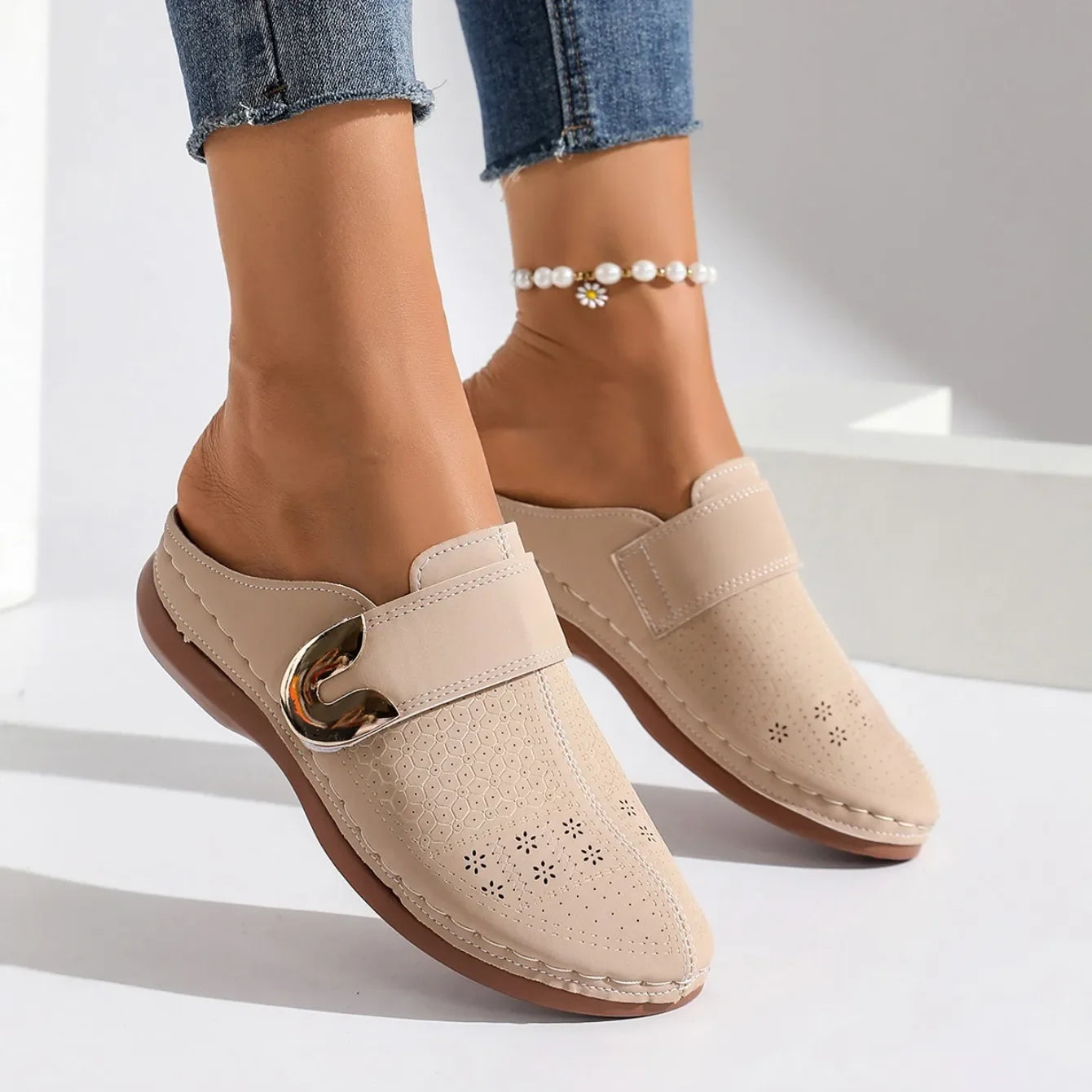 Quilted Buckle Wedge Mule Sandals