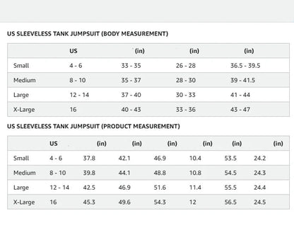 Measurement chart for PrettyGarden sleeveless tank jumpsuit with size and measurement details.
