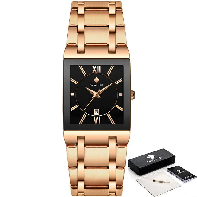 Rose gold watch with black face and WWOOR branding on a white background