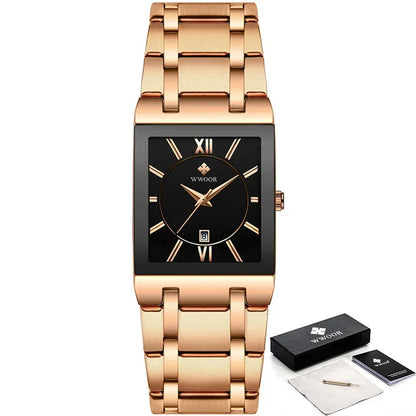 Rose gold watch with black face and WWOOR branding on a white background