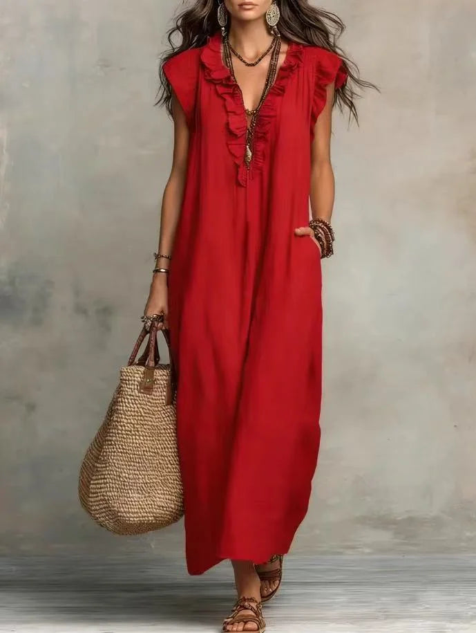 Amara Ruffle V-Neck Maxi Dress