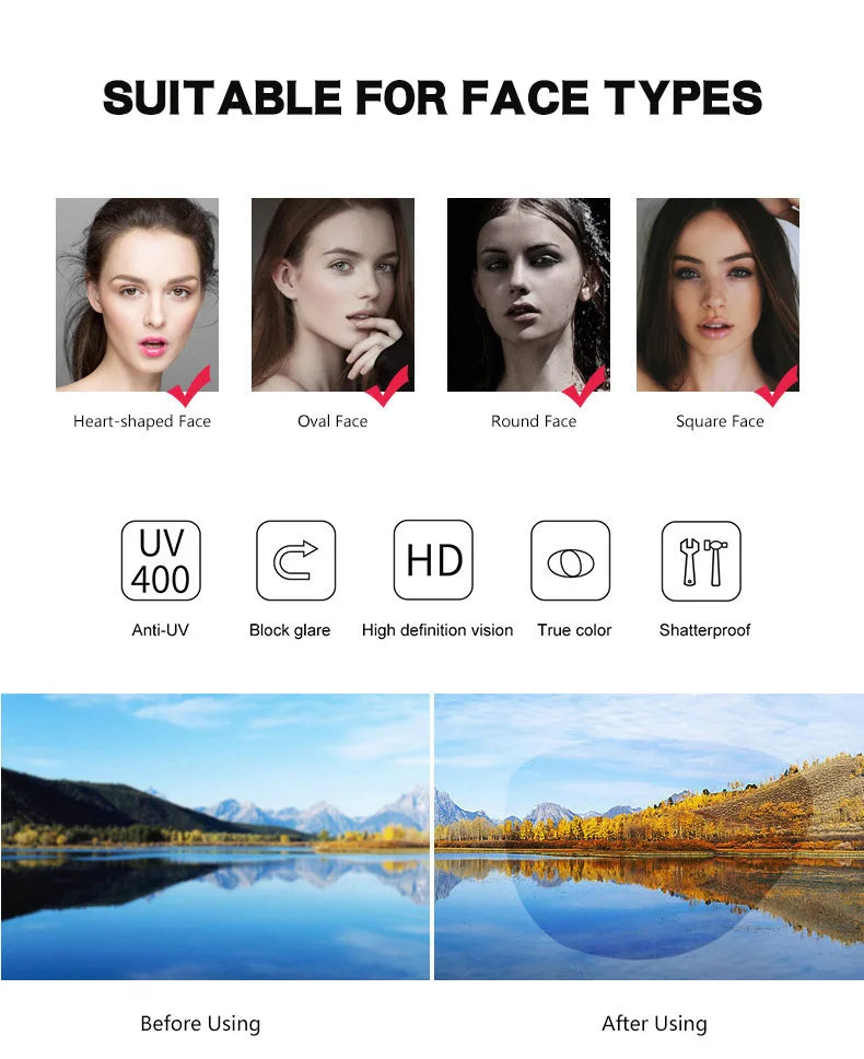 Product features for face types with images of faces and landscape before and after use.