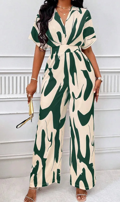 Elegant Printed Batwing Sleeve Jumpsuit
