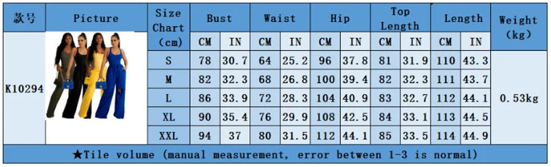 Size chart for clothing with measurements in centimeters and inches