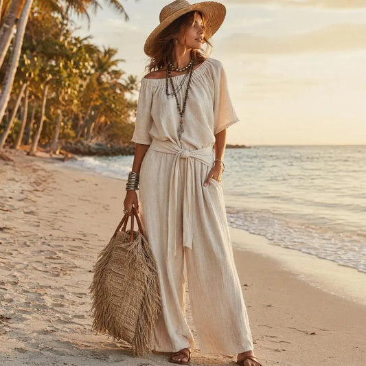 Off Shoulder Tie Waist Jumpsuit