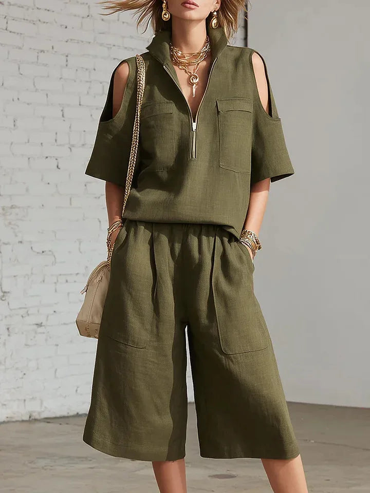 Cold Shoulder Zip Two-Piece Linen Set