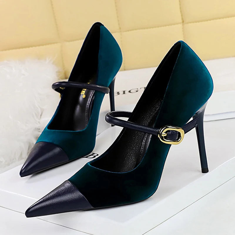 Women's Velvet Buckle Strap Heels