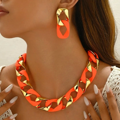 Chunky Dual-Texture Interlocking Link Chain Necklace & Earring Set