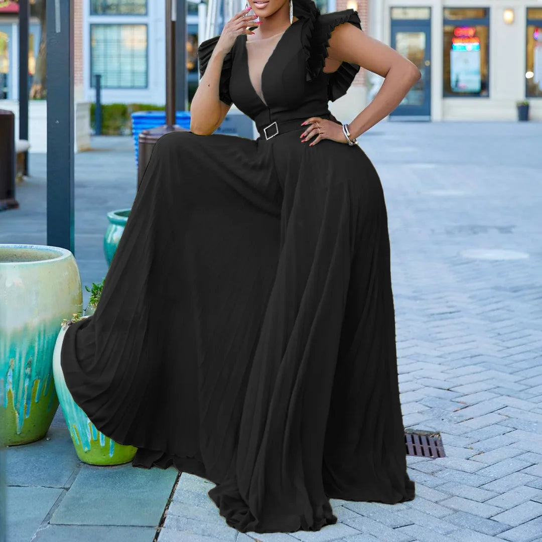 Pleated Flutter-Sleeve Wide Leg Jumpsuit