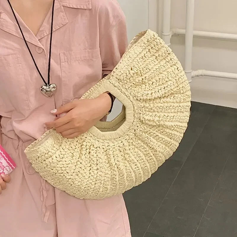 Handmade Half Moon Straw Tote Bag