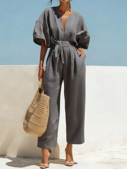 Boho Wide Leg Belted Jumpsuit with Pockets
