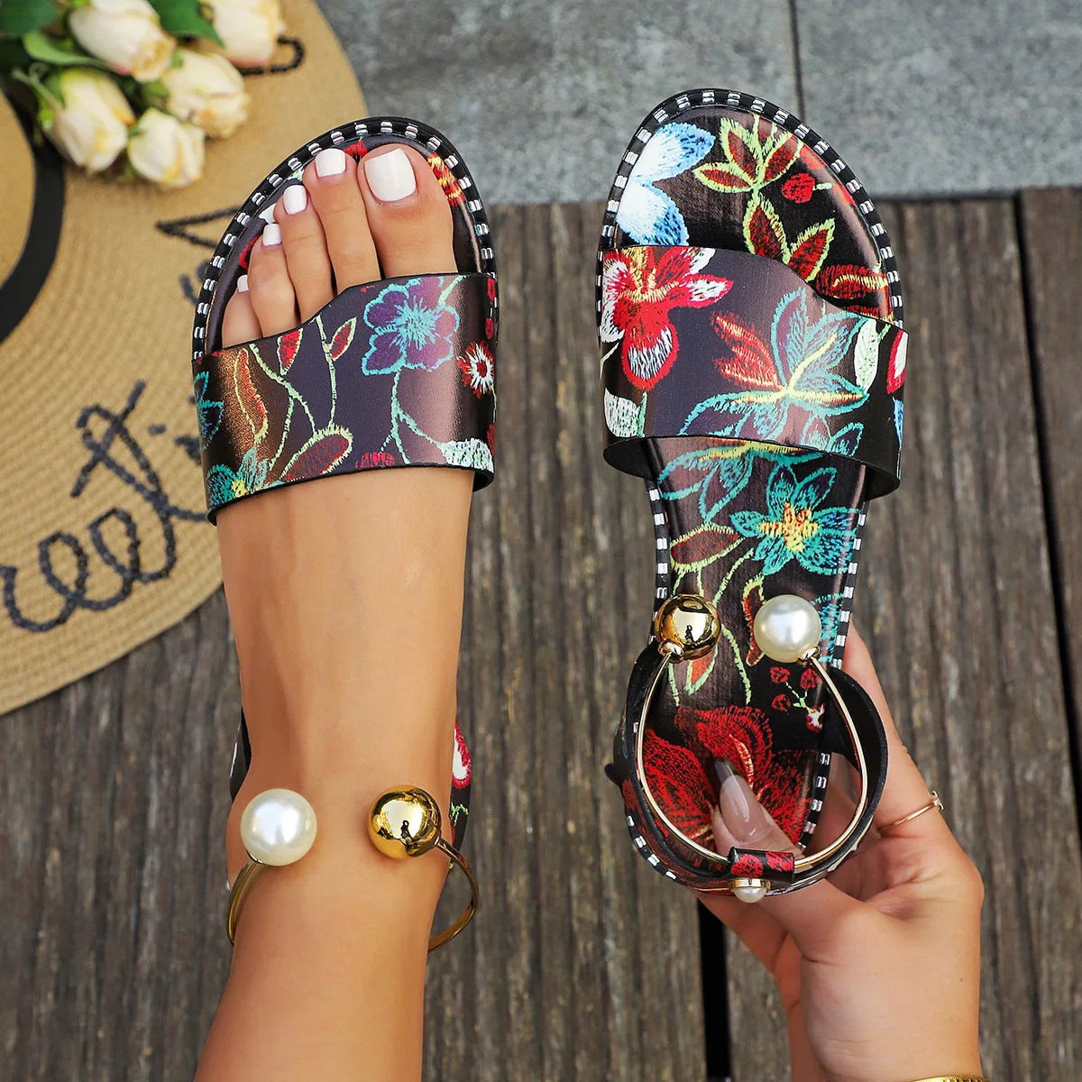 Pearly Bead Slingback Sandals