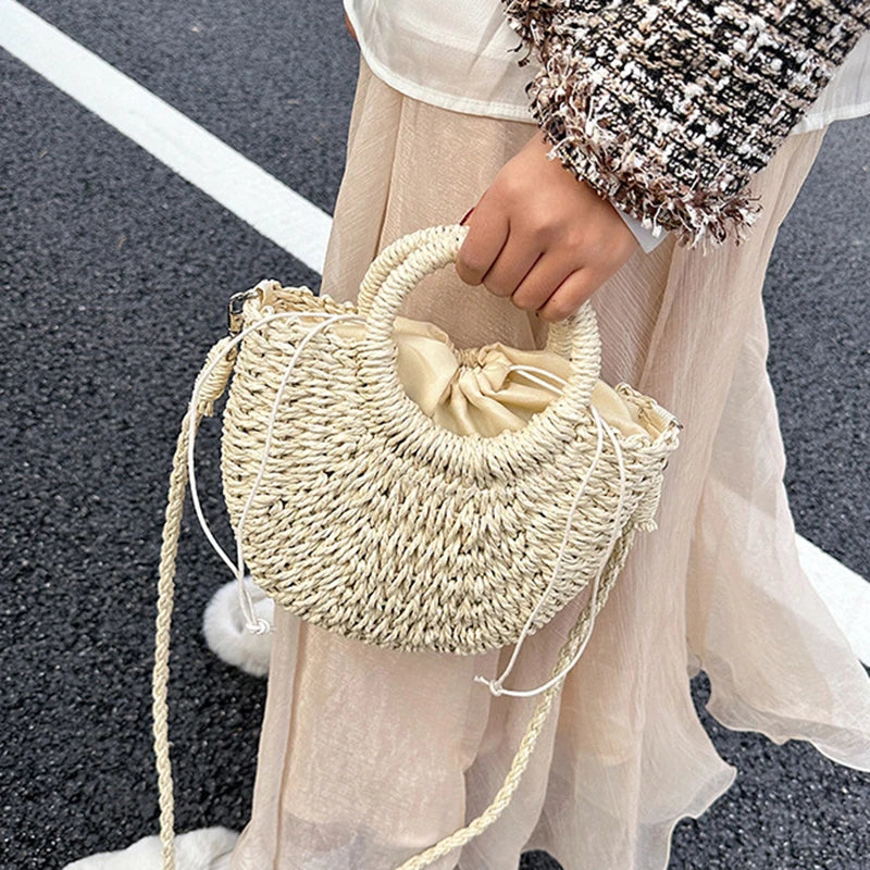 Handwoven Straw Half-Moon Bag