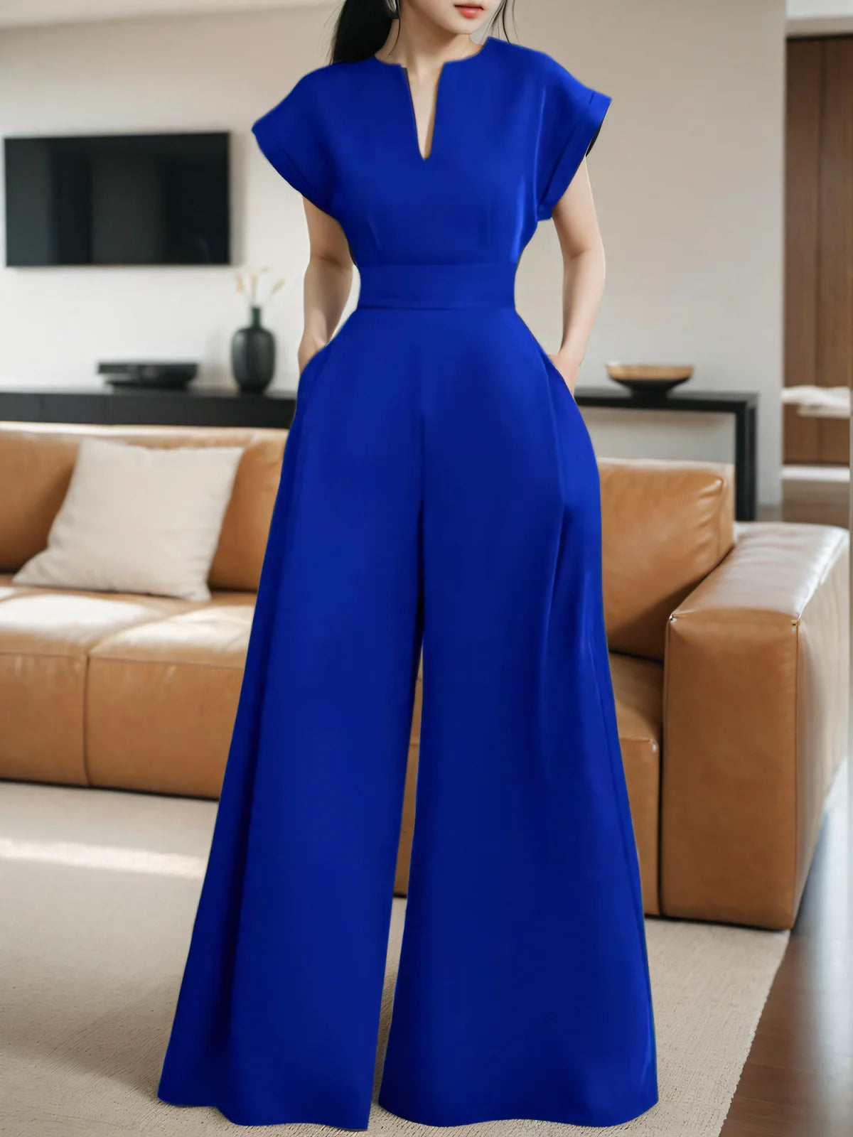 Women's V-Neck Short Sleeve High Waist Wide Leg Jumpsuit