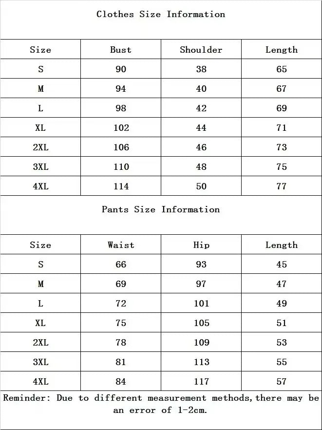 Size chart for clothes and pants with measurements in centimeters.