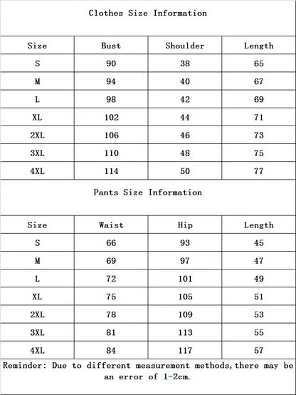 Size chart for clothes and pants with measurements in centimeters.